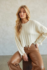 Mona Distressed Knit Sweater in Ivory