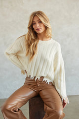 Mona Distressed Knit Sweater in Ivory