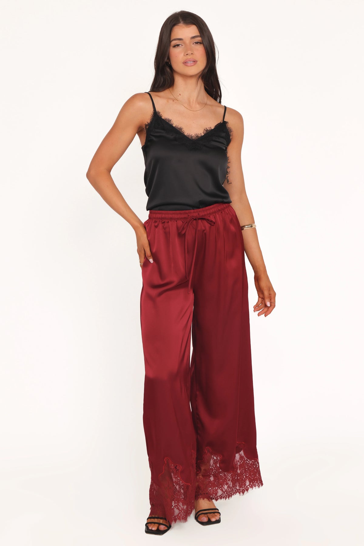 Viola Drawstring Wide Leg Pant - Wine