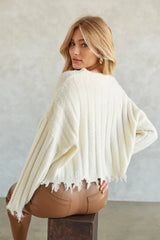 Mona Distressed Knit Sweater in Ivory